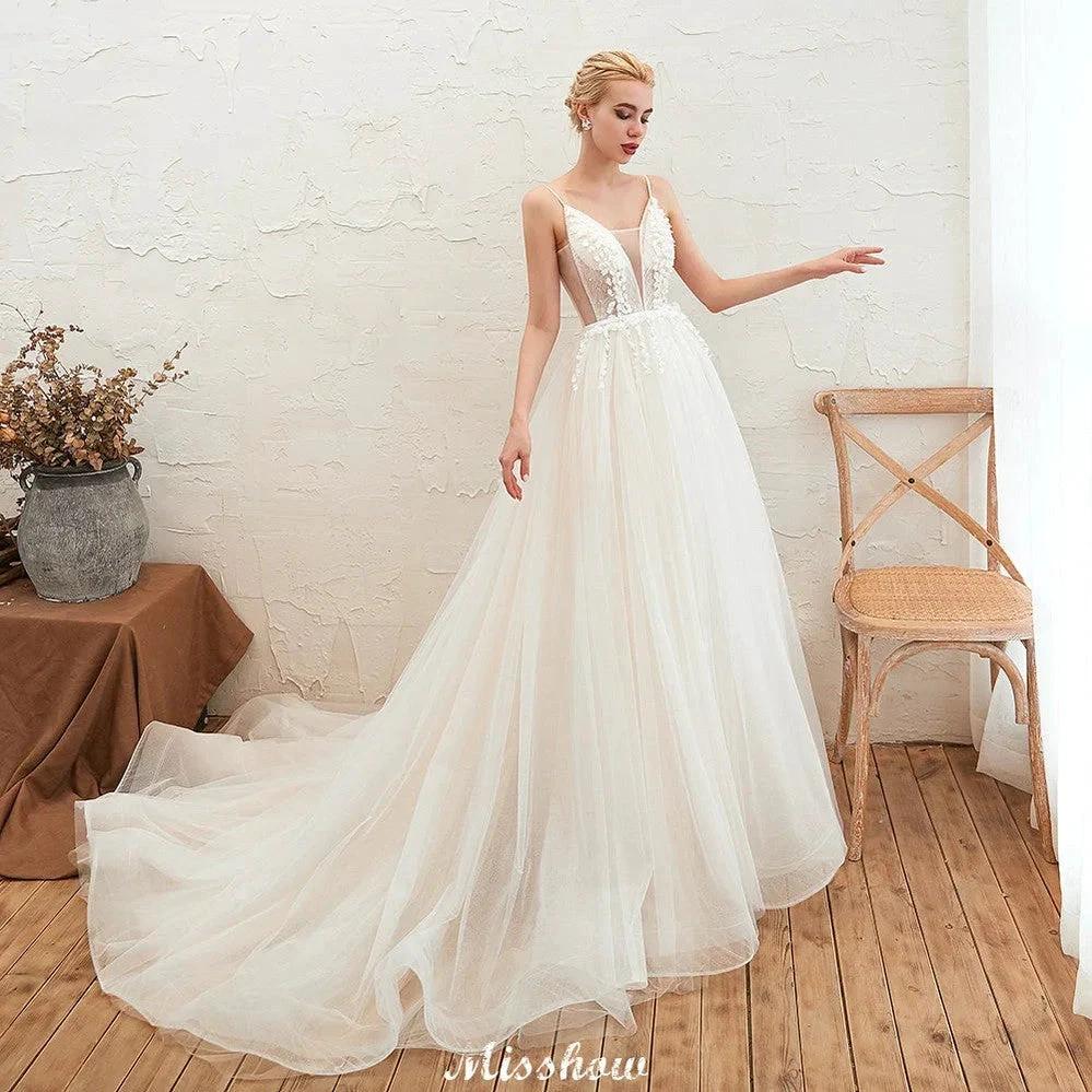 Spaghetti Straps Plunging V-Neck Wedding Dress Low Back Champagne Bridal Gown by misshow.com