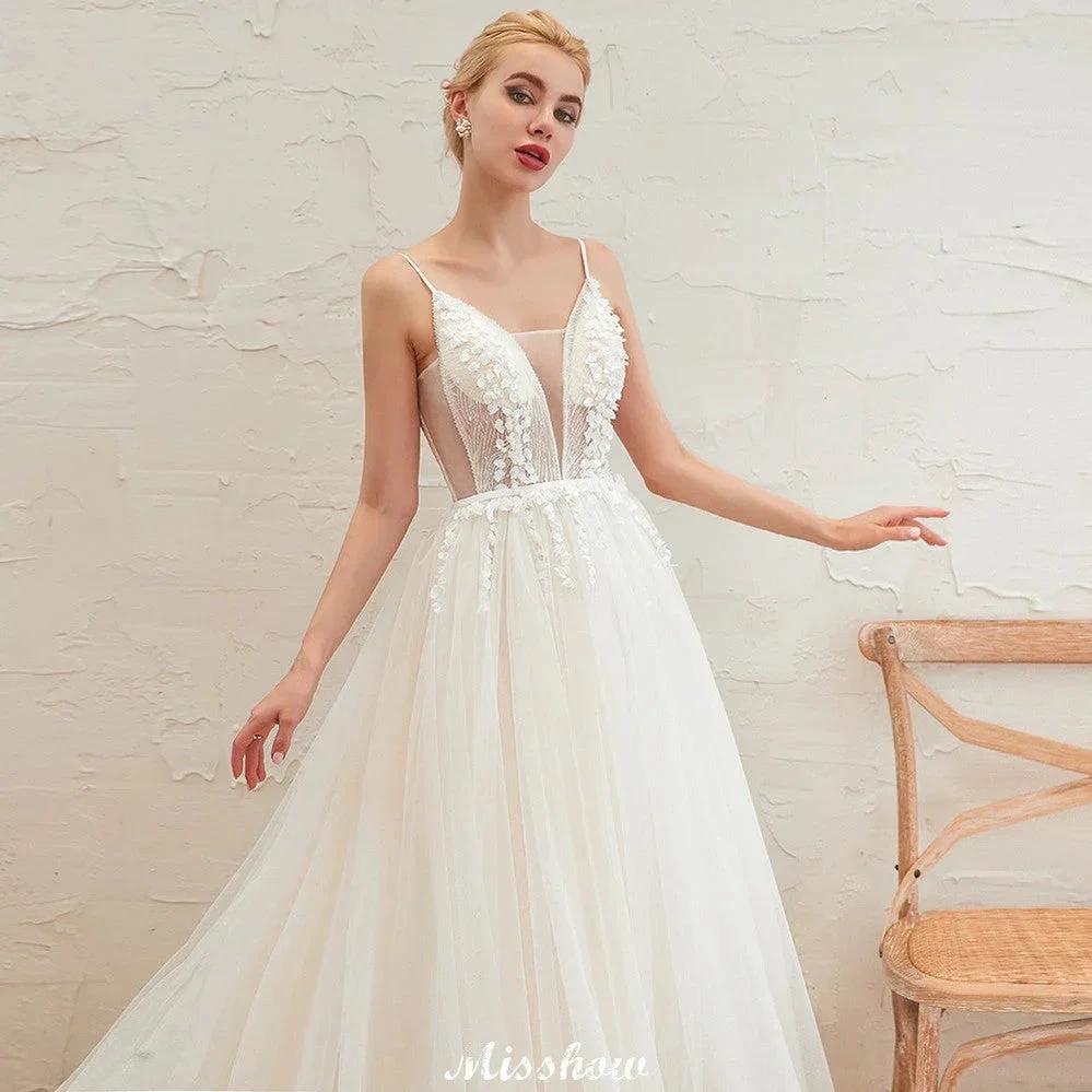 Spaghetti Straps Plunging V-Neck Wedding Dress Low Back Champagne Bridal Gown by misshow.com