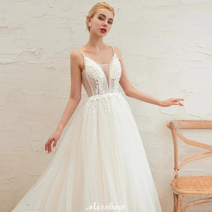 Spaghetti Straps Plunging V-Neck Wedding Dress Low Back Champagne Bridal Gown by misshow.com
