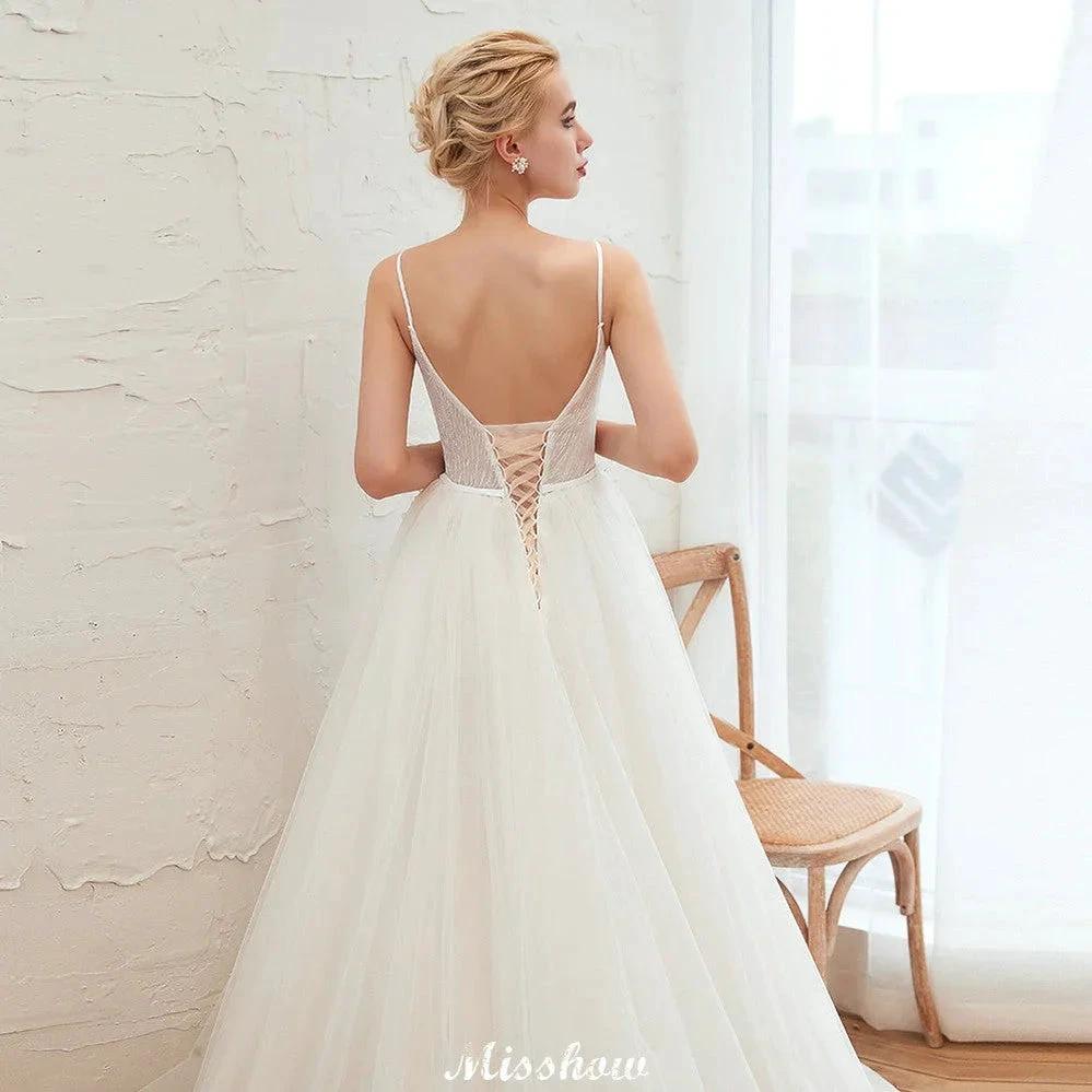 Spaghetti Straps Plunging V-Neck Wedding Dress Low Back Champagne Bridal Gown by misshow.com