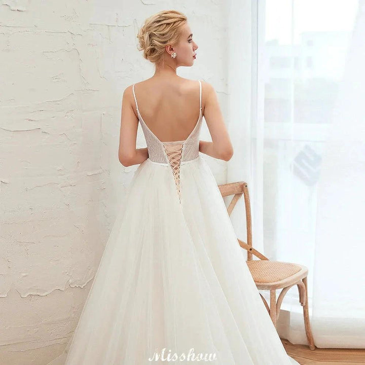 Spaghetti Straps Plunging V-Neck Wedding Dress Low Back Champagne Bridal Gown by misshow.com
