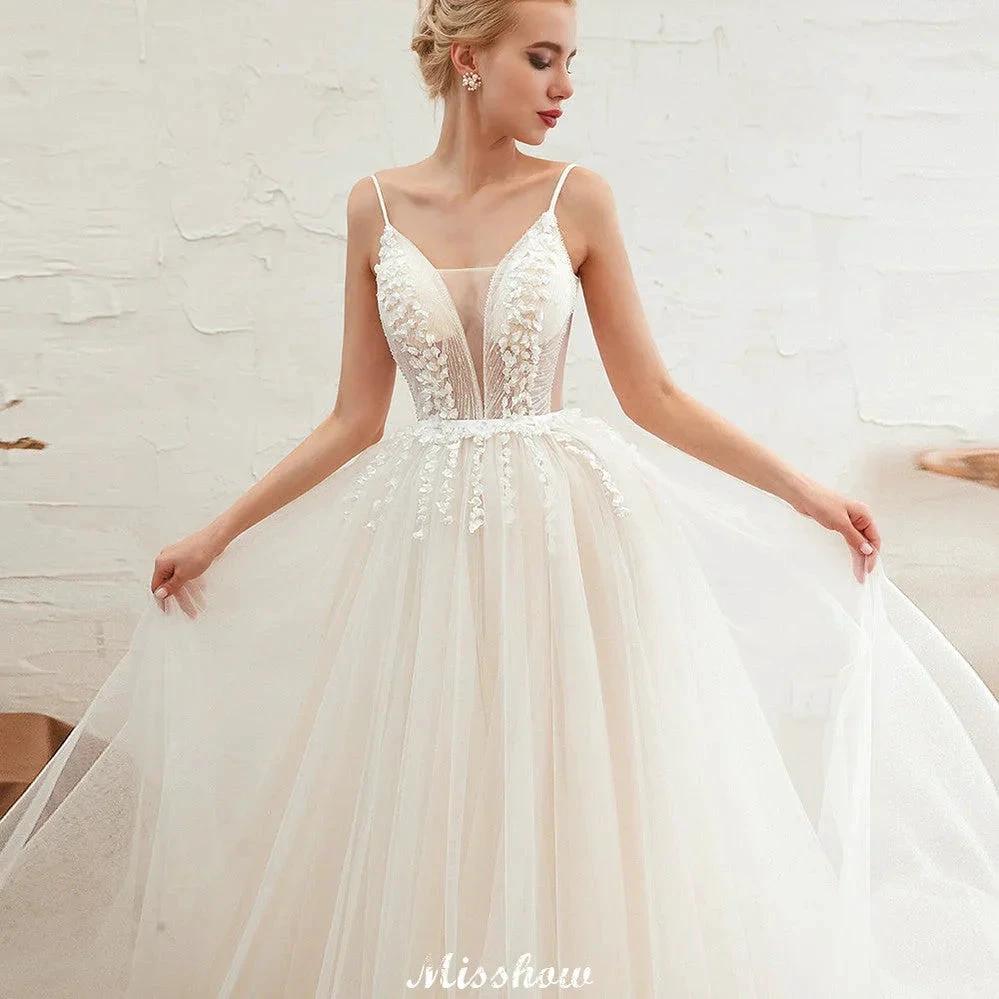 Spaghetti Straps Plunging V-Neck Wedding Dress Low Back Champagne Bridal Gown by misshow.com