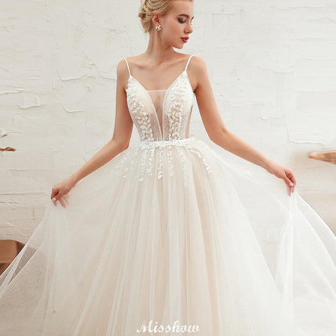 Spaghetti Straps Plunging V-Neck Wedding Dress Low Back Champagne Bridal Gown