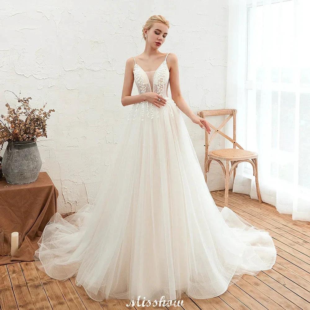 Spaghetti Straps Plunging V-Neck Wedding Dress Low Back Champagne Bridal Gown by misshow.com