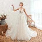 Spaghetti Straps Plunging V-Neck Wedding Dress Low Back Champagne Bridal Gown by misshow.com