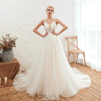 Spaghetti Straps Plunging V-Neck Wedding Dress Low Back Champagne Bridal Gown by misshow.com
