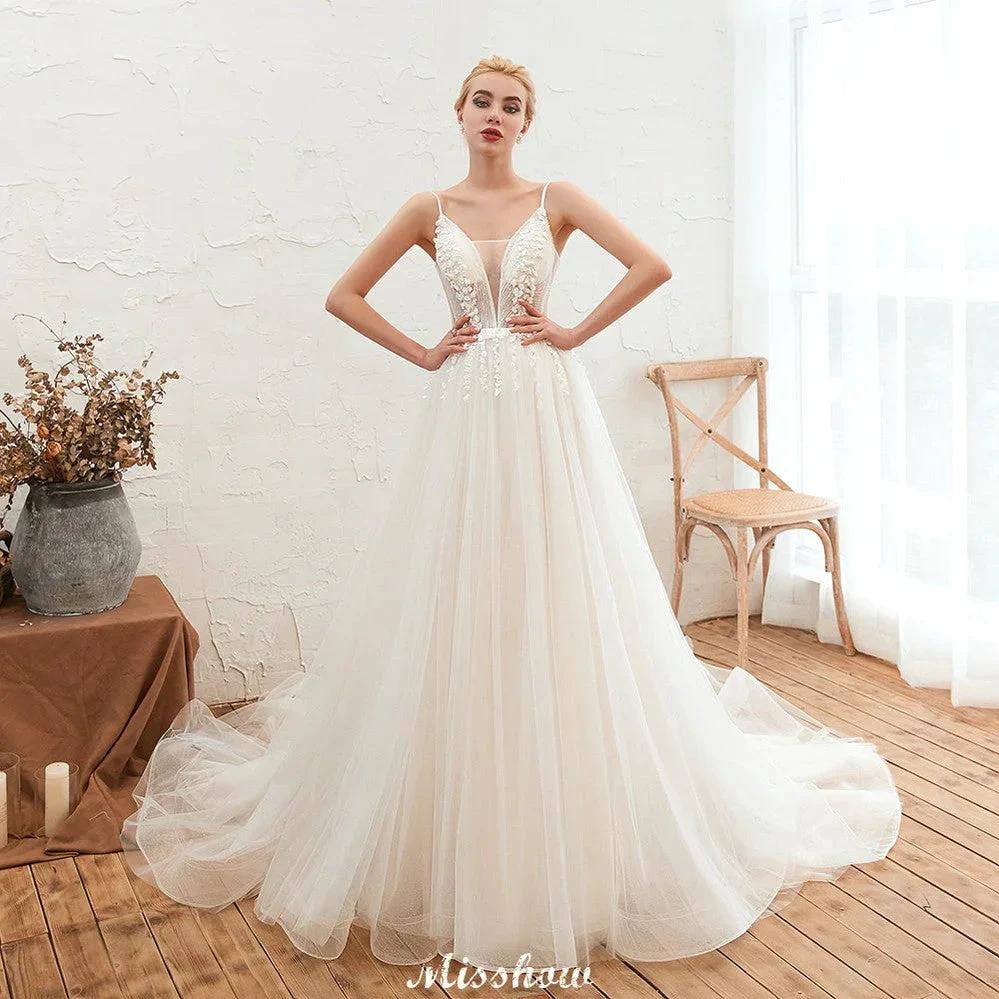 Spaghetti Straps Plunging V-Neck Wedding Dress Low Back Champagne Bridal Gown by misshow.com