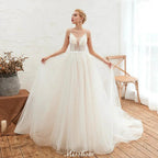 Spaghetti Straps Plunging V-Neck Wedding Dress Low Back Champagne Bridal Gown by misshow.com