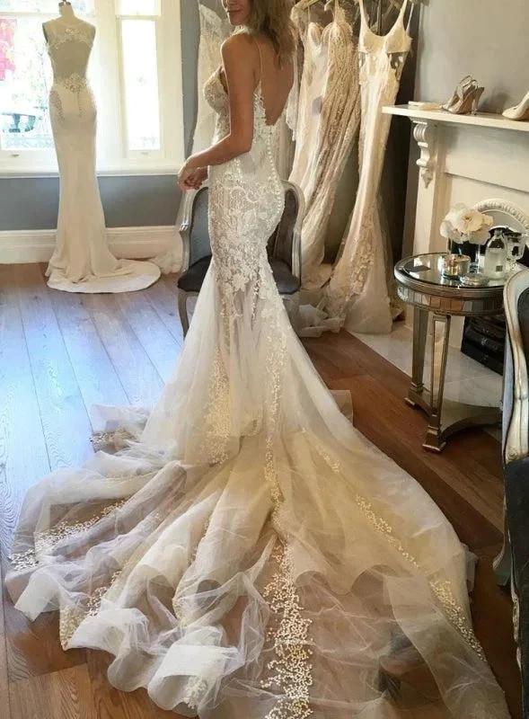 Spaghetti Straps Pretty Mermaid Appliqued V-neck Tulle Elegant Wedding Dresses by misshow.com