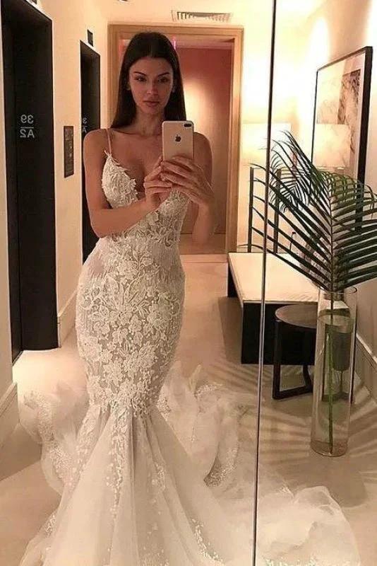 Spaghetti Straps Pretty Mermaid Appliqued V-neck Tulle Elegant Wedding Dresses by misshow.com