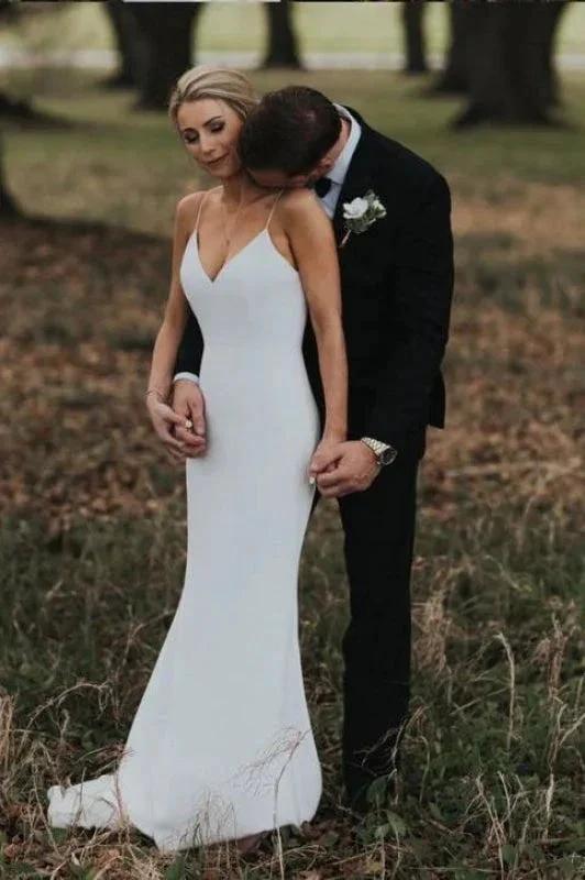 Spaghetti Straps Pretty Mermaid Backless V-Neck Beach Simple Boho Elegant Wedding Dresses by misshow.com