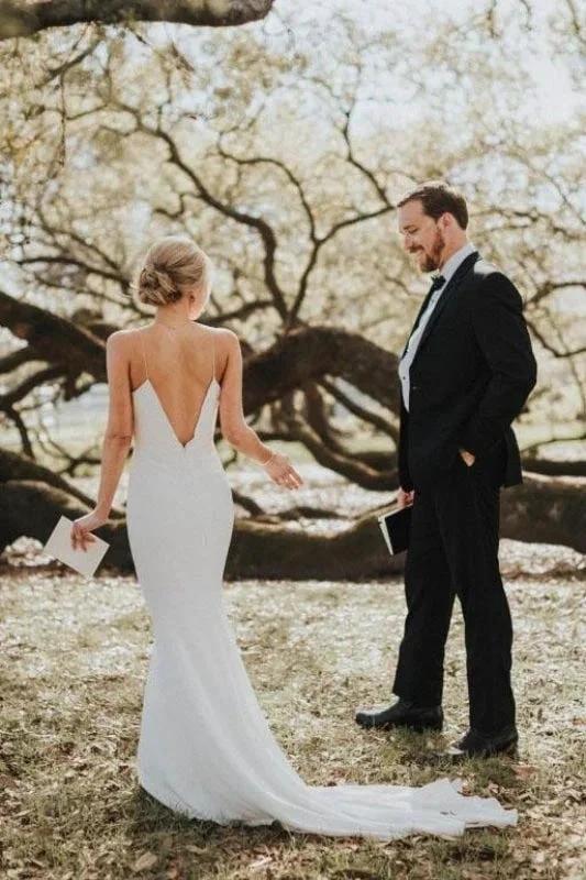Spaghetti Straps Pretty Mermaid Backless V-Neck Beach Simple Boho Elegant Wedding Dresses by misshow.com