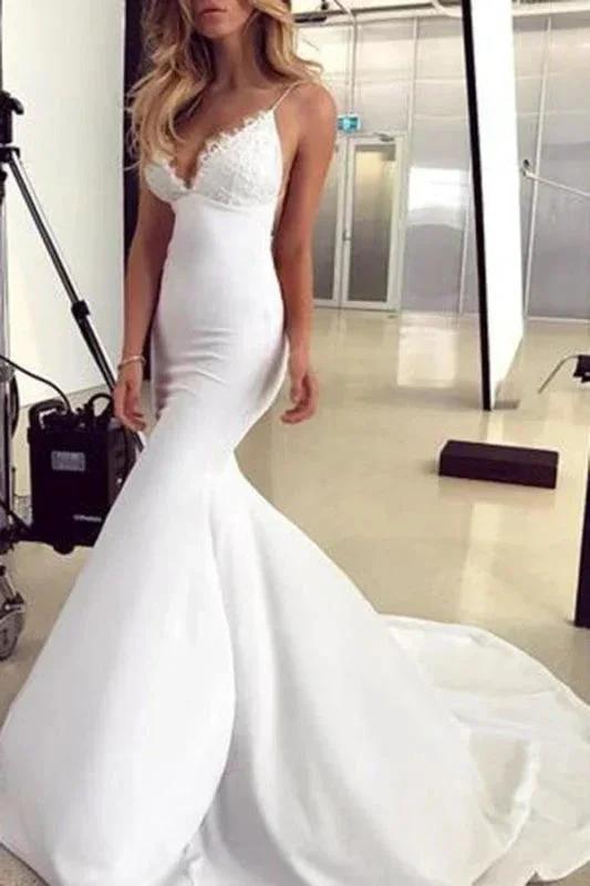 Spaghetti Straps Pretty Mermaid Lace Appliques Sexy Backless Elegant Wedding Dresses by misshow.com