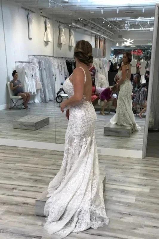 Spaghetti Straps Pretty Mermaid V Neck Backless Lace Elegant Wedding Dresses by misshow.com