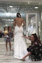 Spaghetti Straps Pretty Mermaid V Neck Backless Lace Elegant Wedding Dresses by misshow.com