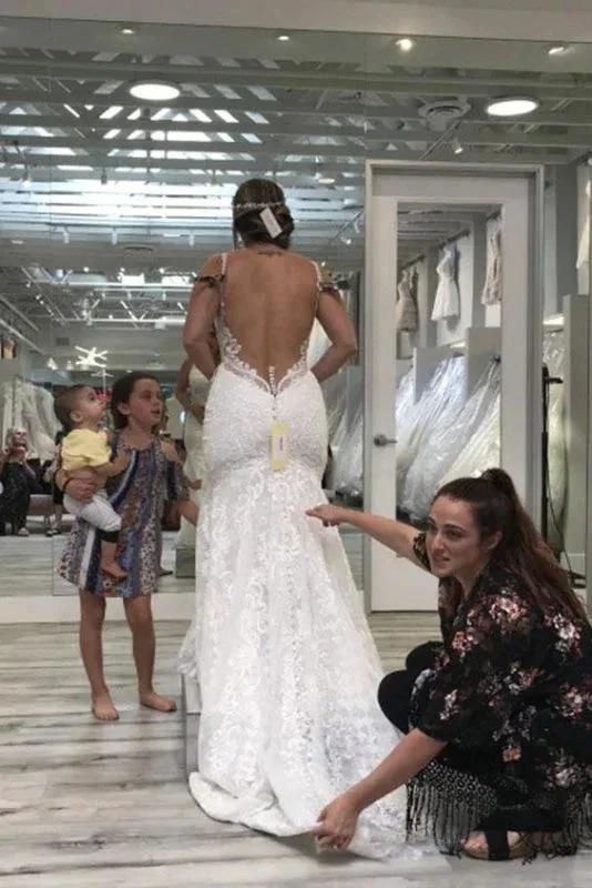 Spaghetti Straps Pretty Mermaid V Neck Backless Lace Elegant Wedding Dresses by misshow.com