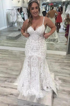 Spaghetti Straps Pretty Mermaid V Neck Backless Lace Elegant Wedding Dresses by misshow.com