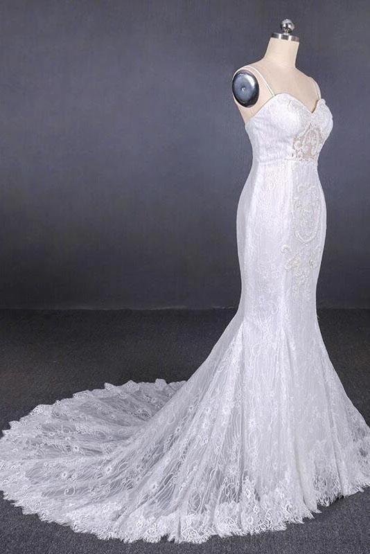 Spaghetti Straps Pretty Mermaid with Appliques Lace Beach Elegant Wedding Dresses by misshow.com