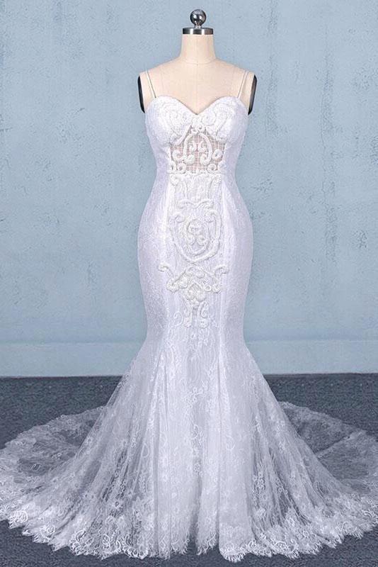 Spaghetti Straps Pretty Mermaid with Appliques Lace Beach Elegant Wedding Dresses by misshow.com
