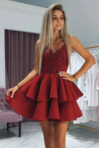 Spaghetti Straps Burgundy Appliqued Homecoming Dresses With Beading PD345 by pgmdress