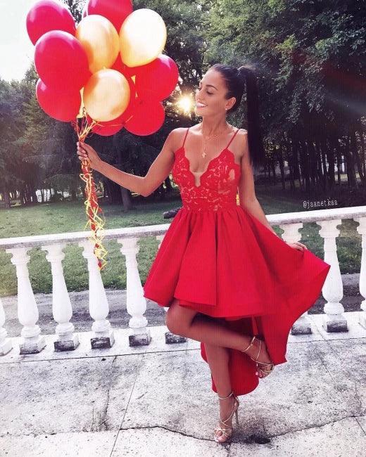 Spaghetti Straps Red High-low A-line Lace V-neck Homecoming Dress by misshow.com