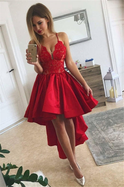 Spaghetti Straps Red High-low A-line Lace V-neck Homecoming Dress Hover Image