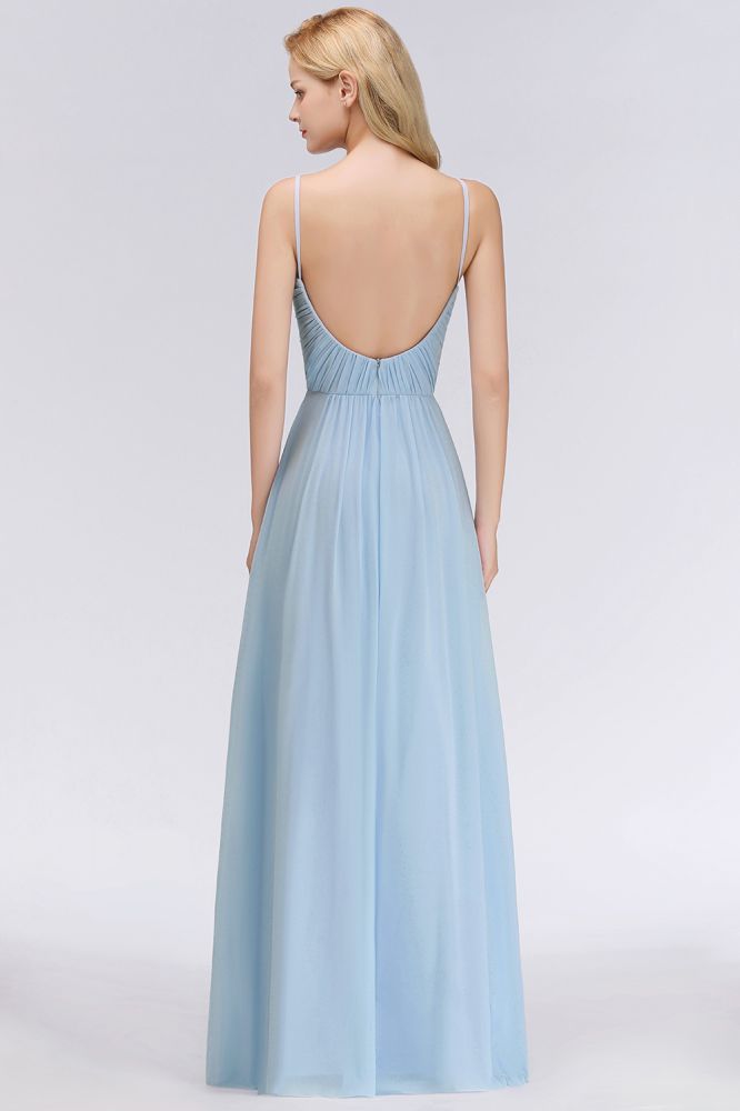 Spaghetti Straps Ruggle Chiffon Bridesmaid Dress Sky Blue A-line Wedding Party Dress