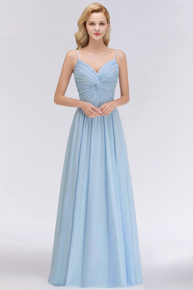 Spaghetti Straps Ruggle Chiffon Bridesmaid Dress Sky Blue A-line Wedding Party Dress
