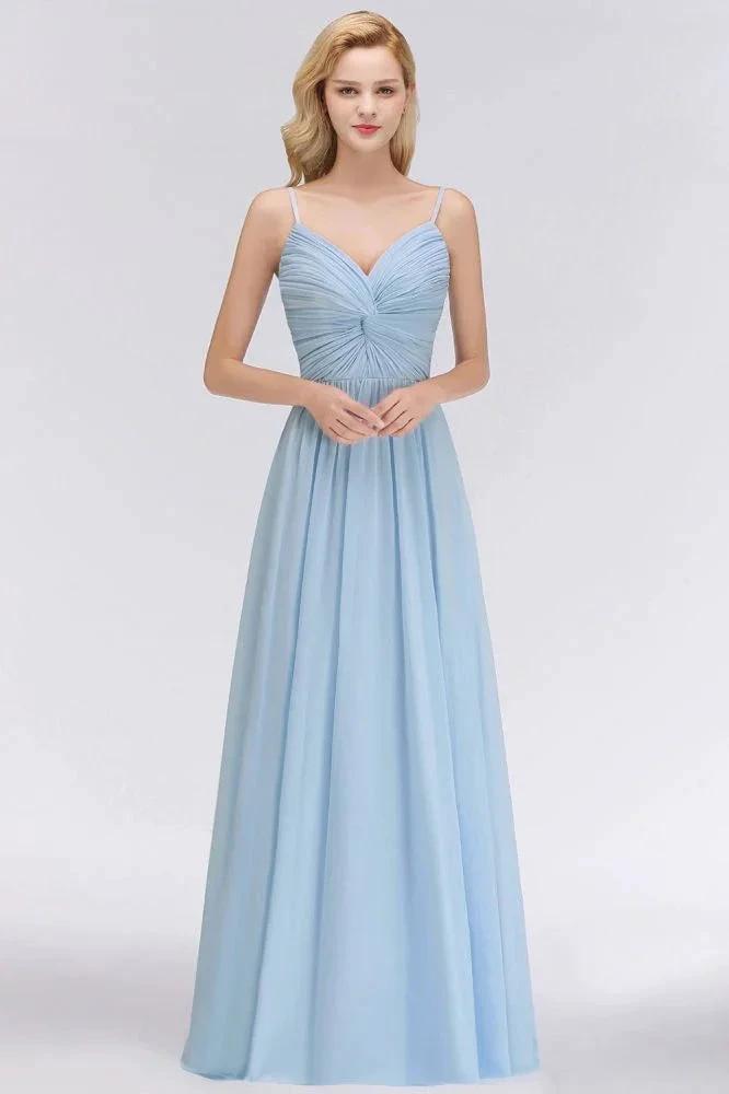 Spaghetti Straps Ruggle Chiffon Bridesmaid Dress Sky Blue A-line Wedding Party Dress by misshow.com