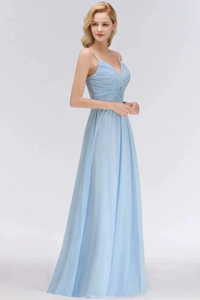 Spaghetti Straps Ruggle Chiffon Bridesmaid Dress Sky Blue A-line Wedding Party Dress by misshow.com