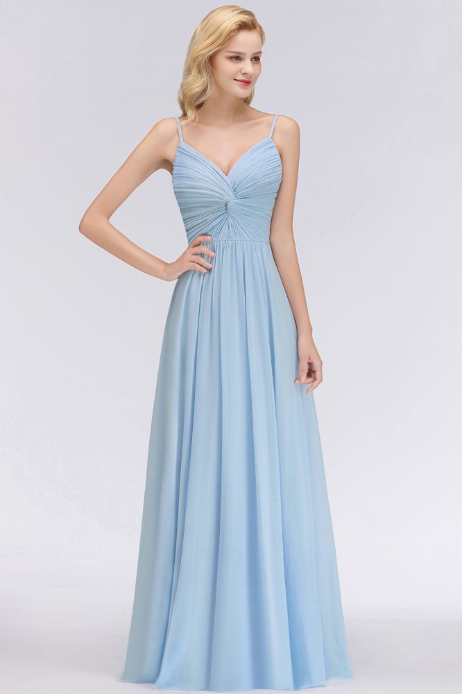 Spaghetti Straps Ruggle Chiffon Bridesmaid Dress Sky Blue A-line Wedding Party Dress