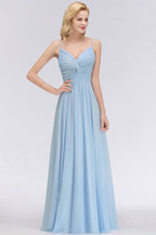 Spaghetti Straps Ruggle Chiffon Bridesmaid Dress Sky Blue A-line Wedding Party Dress