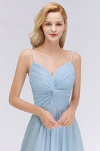 Spaghetti Straps Ruggle Chiffon Bridesmaid Dress Sky Blue A-line Wedding Party Dress