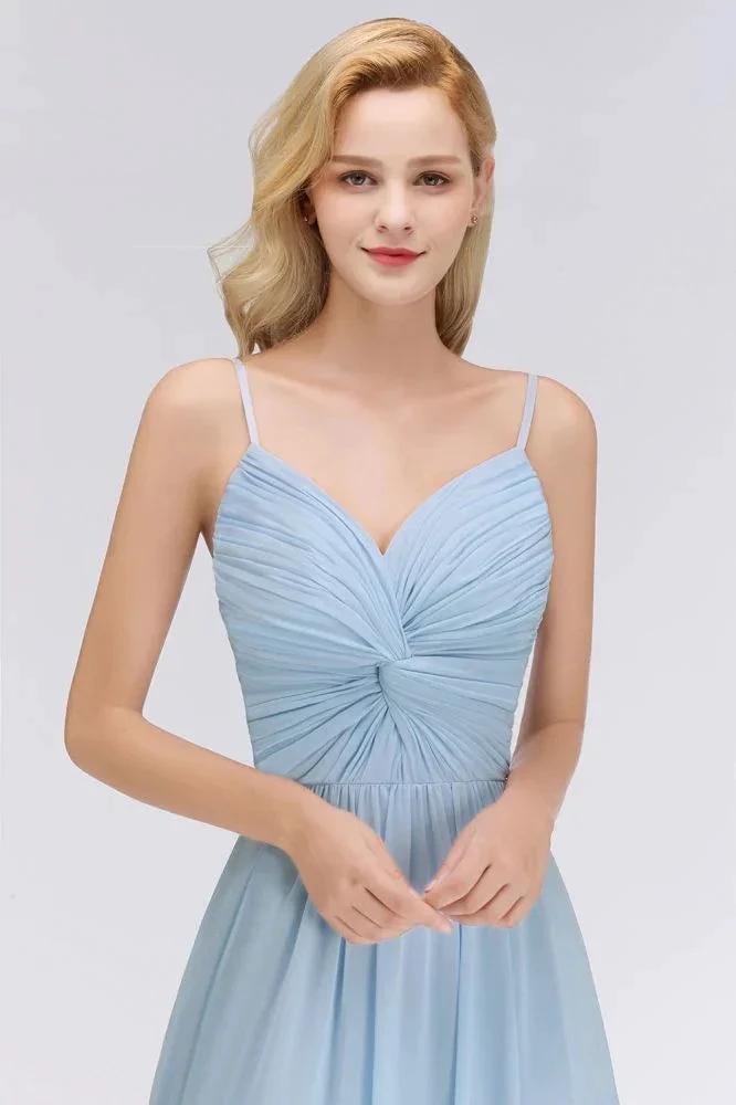 Spaghetti Straps Ruggle Chiffon Bridesmaid Dress Sky Blue A-line Wedding Party Dress by misshow.com