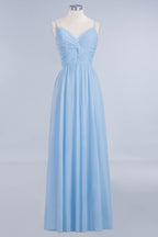 Spaghetti Straps Ruggle Chiffon Bridesmaid Dress Sky Blue A-line Wedding Party Dress
