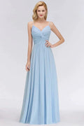 Spaghetti Straps Ruggle Chiffon Bridesmaid Dress Sky Blue A-line Wedding Party Dress by misshow.com