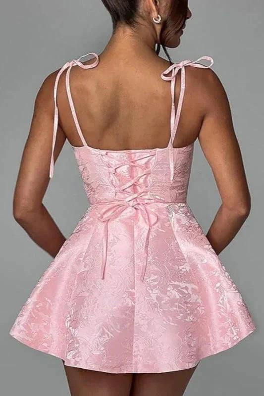 Glamorous Spaghetti Straps Satin Mini Party Dress Jacquard Sleeveless Homecoming Dress by misshow.com