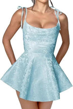 Glamorous Spaghetti Straps Satin Mini Party Dress Jacquard Sleeveless Homecoming Dress by misshow.com