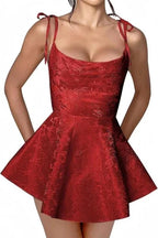 Glamorous Spaghetti Straps Satin Mini Party Dress Jacquard Sleeveless Homecoming Dress by misshow.com
