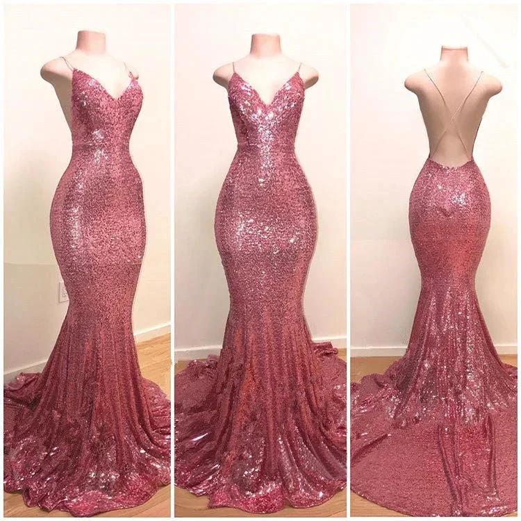 Spaghetti-Straps Sequins Prom Dress Mermaid Long by misshow.com