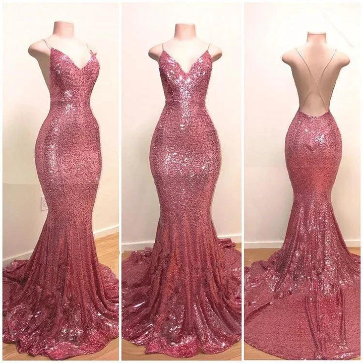 Spaghetti-Straps Sequins Prom Dress Mermaid Long by misshow.com
