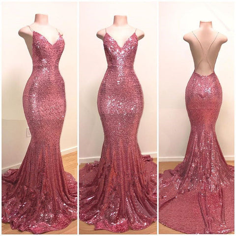 Spaghettiträger Pailletten Ballkleid Meerjungfrau Lang 