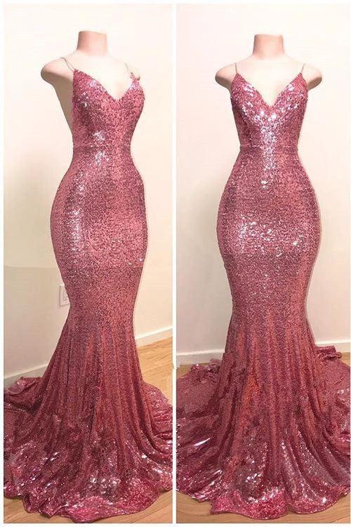Spaghetti-Straps Sequins Prom Dress Mermaid Long by misshow.com