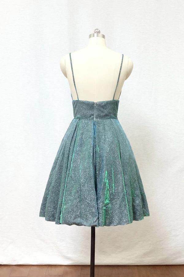 Spaghetti Straps Silver Green Glitter Short Homecoming Dress with Pockets PD428 by pgmdress