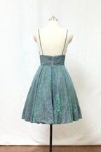 Spaghetti Straps Silver Green Glitter Short Homecoming Dress with Pockets PD428 by pgmdress