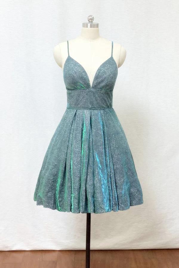 Spaghetti Straps Silver Green Glitter Short Homecoming Dress with Pockets PD428 by pgmdress