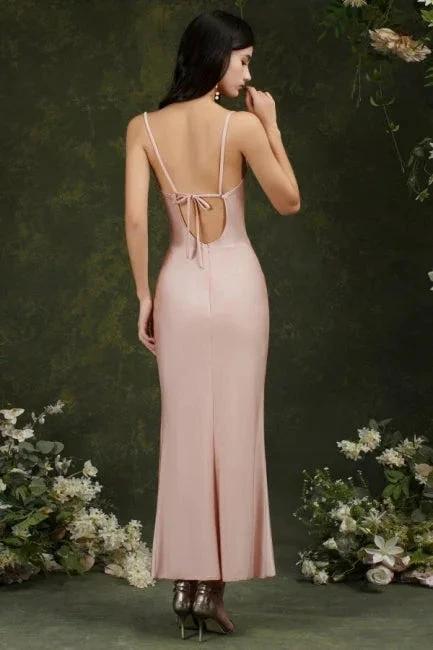 Spaghetti Straps Sleeveless Mermaid Front-Split Satin Prom Dresses by misshow.com