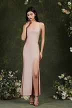 Spaghetti Straps Sleeveless Mermaid Front-Split Satin Prom Dresses