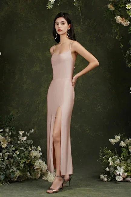 Spaghetti Straps Sleeveless Mermaid Front-Split Satin Prom Dresses by misshow.com