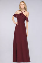 Spaghetti-Straps Sleeveless Ruffles Floor-Length Bridesmaid Dress with Bow Sash